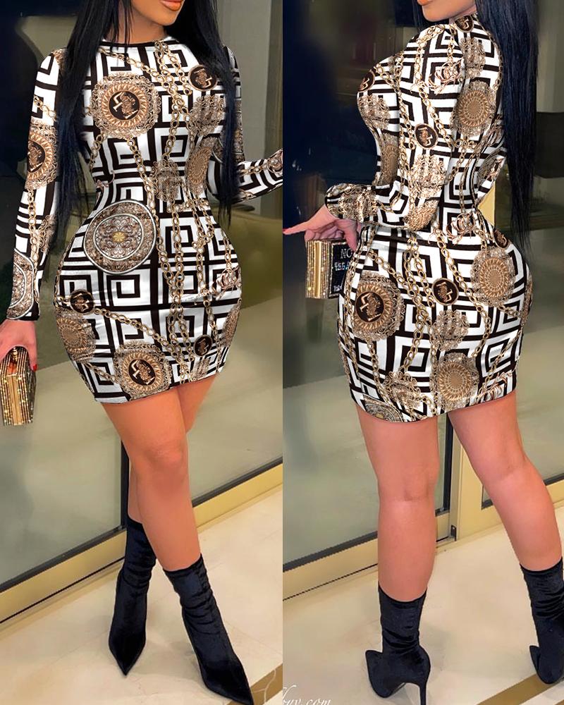 

Geo Chain Baroque Print Long Sleeve Bodycon Dress, Blackwhite