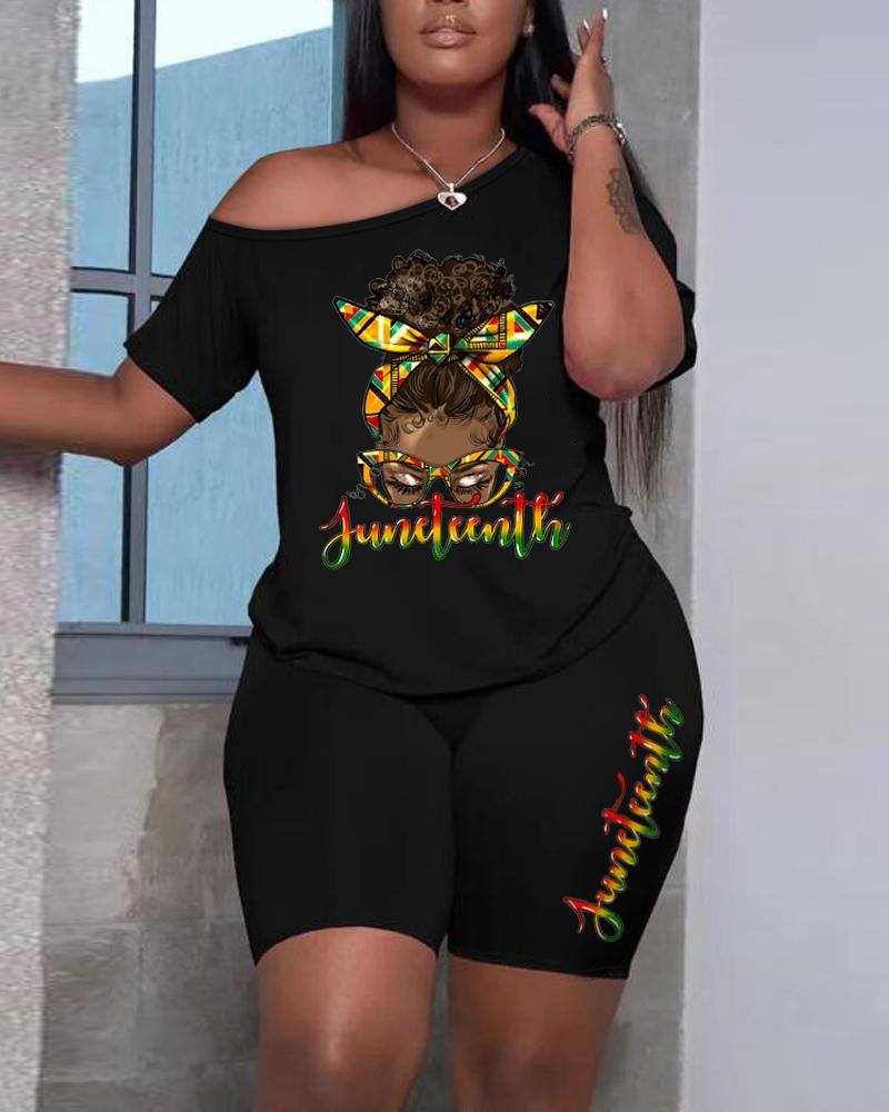 

Plus Size Figure Letter Print T-shirt & Shorts Set, Black