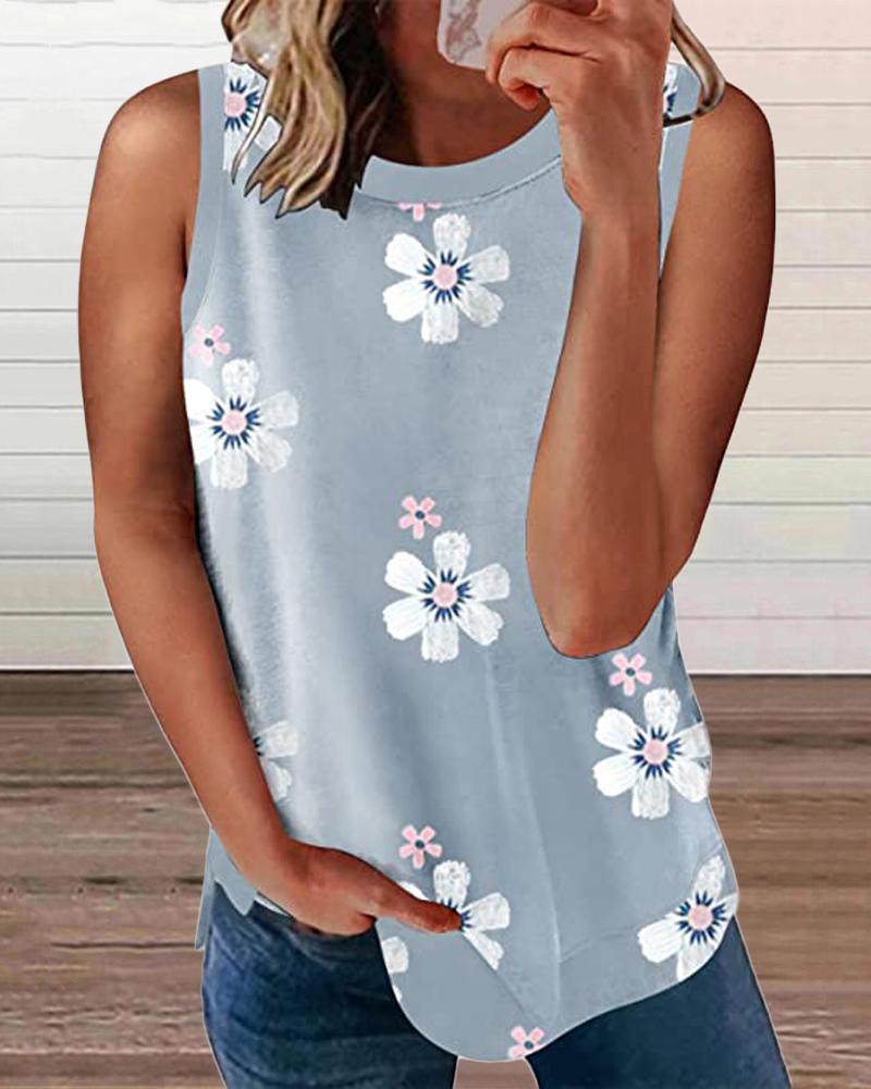 

Floral Print Round Neck Casual Tank Top, Gray