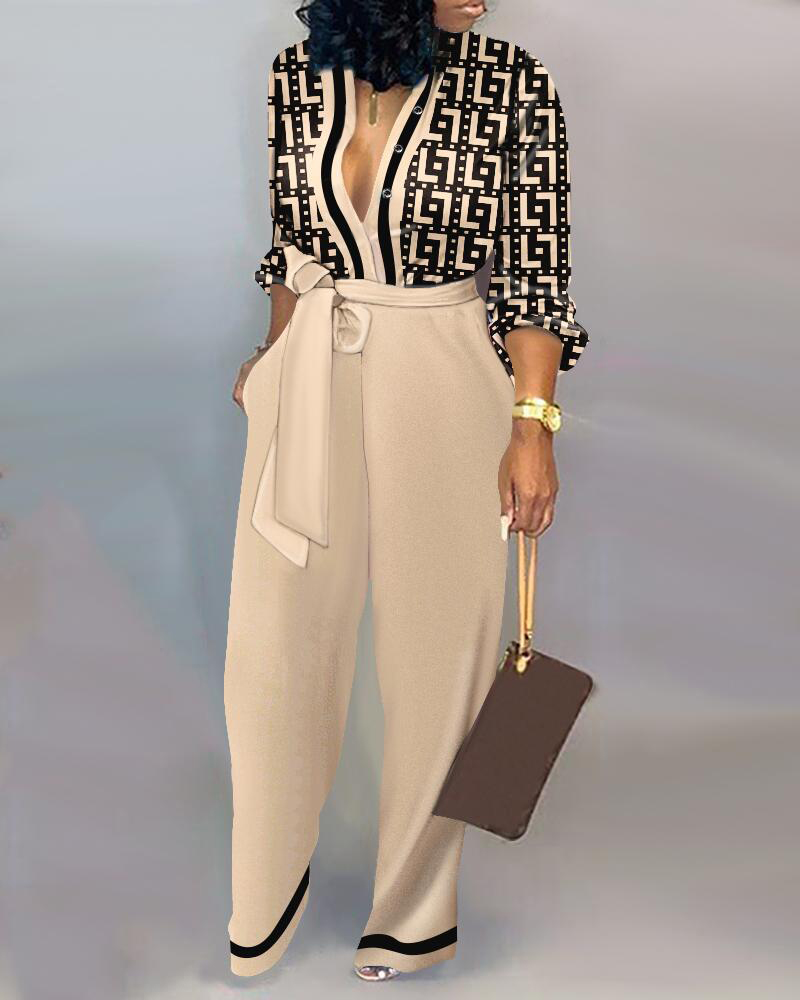 

Plus Size Geometric Print Long Sleeve Jumpsuit, Khaki