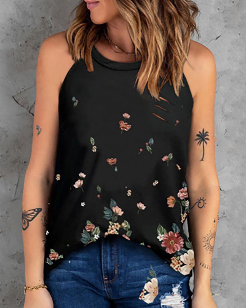 

Sleeveless Floral Print Casual Top, Black