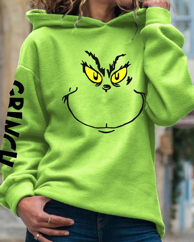 

Christmas Letter Grinches Print Hooded Sweatshirt, Green