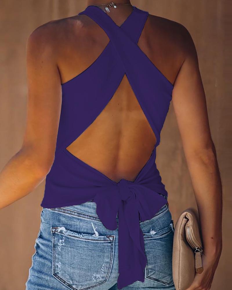 

Halter Backless Knotted Design Top, Purple