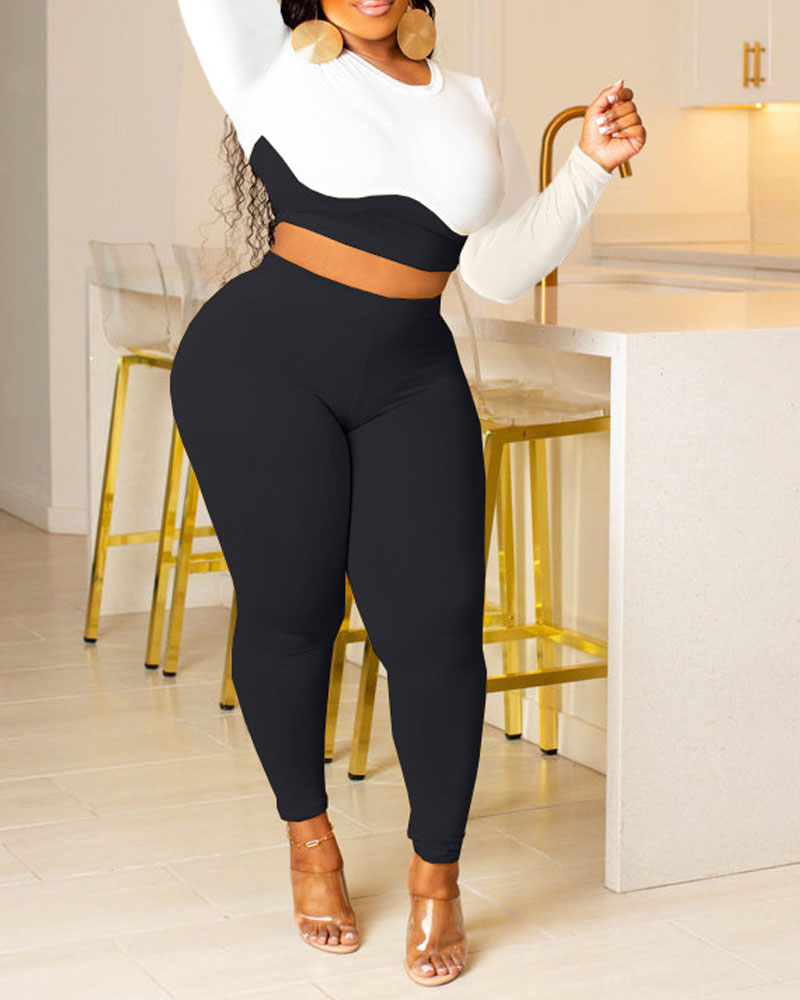 

Colorblock Ribbed Long Sleeve Crop Top & Pants Set, Blackwhite