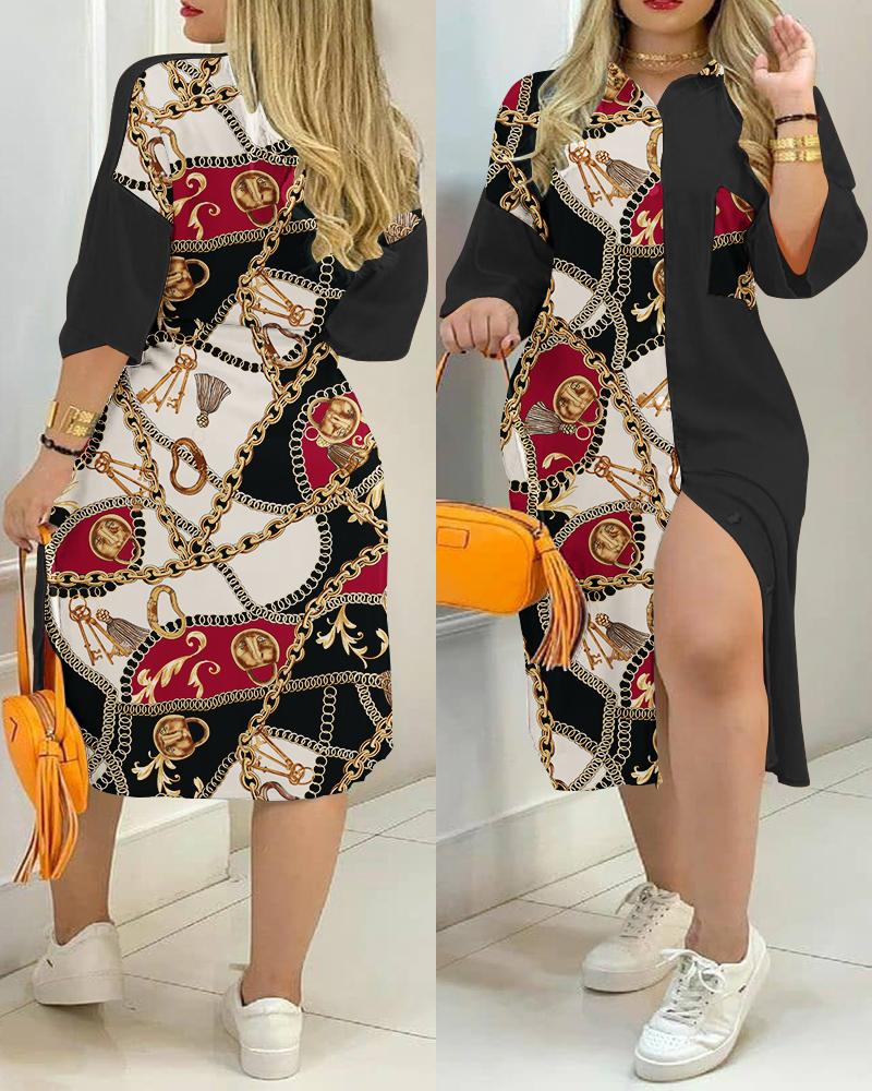 

Plus Size Scarf Chain Print Button Down Shirt Dress, Black