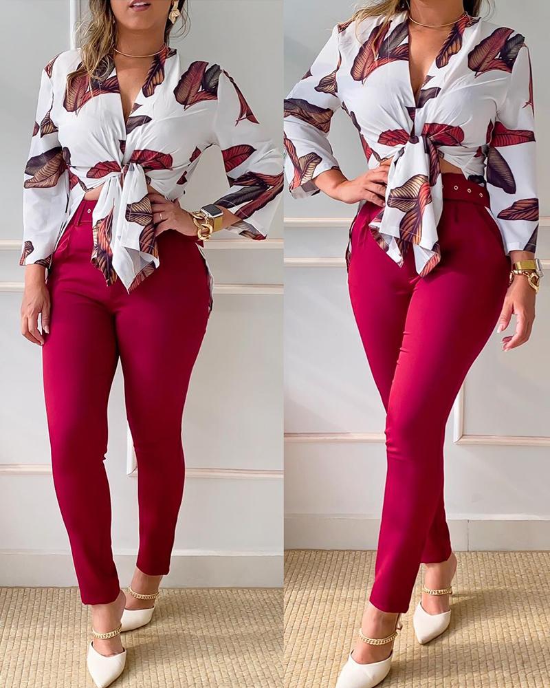 

Tropical Print Open Front Top & High Waist Pants Set, Wine red