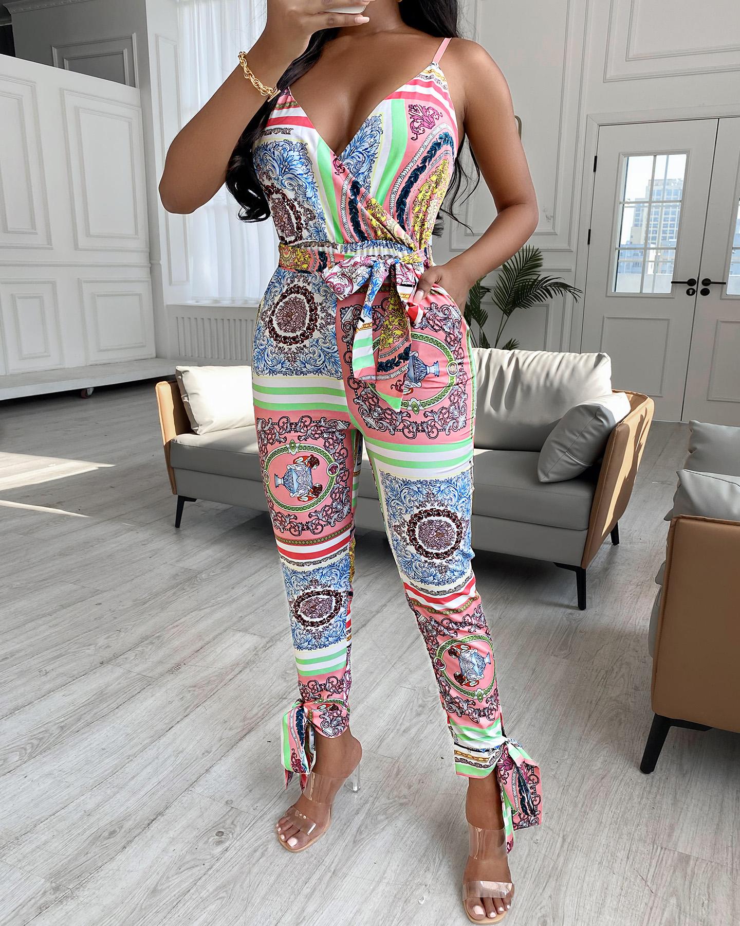 

Scarf Print Pocket Design Jumpsuit, Pink