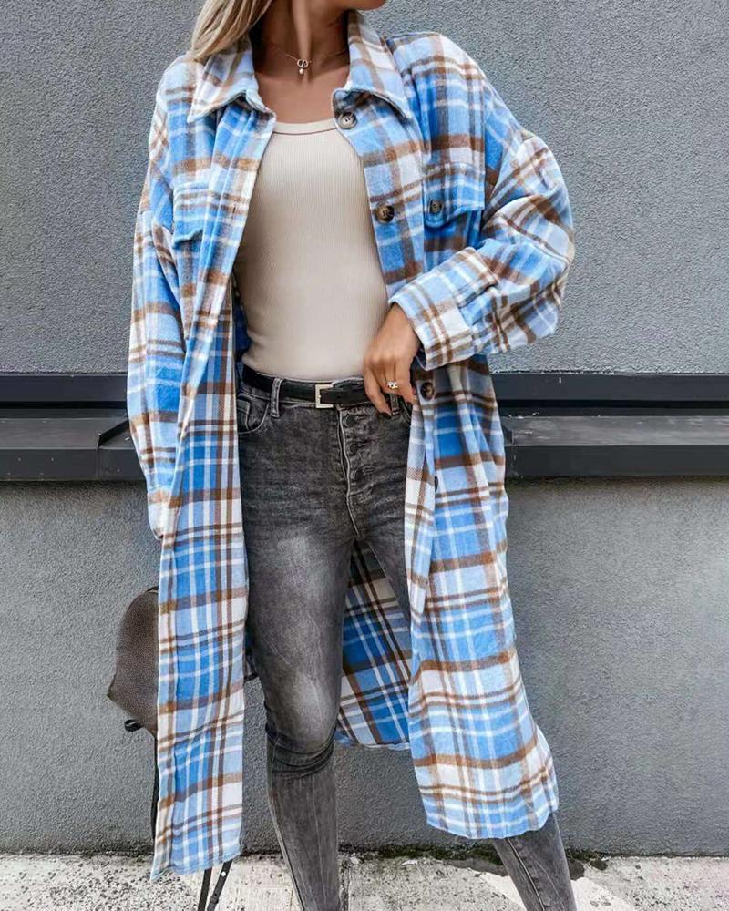 

Plaid Print Button Front Longline Shacket, Blue