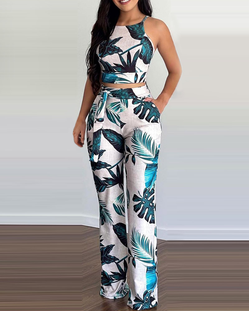 

Tropical Print Top & Pants Set, Blue
