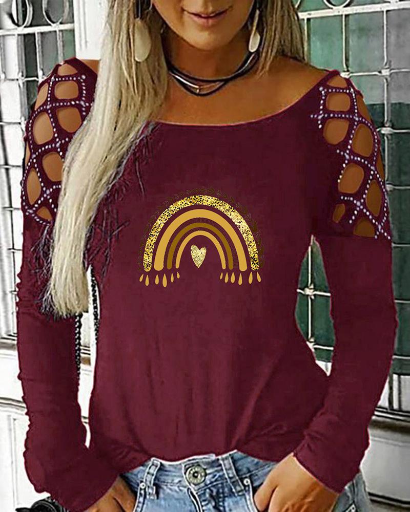 

Graphic Heart Print Hollow-Out Rhinestone Decor Top, Wine red