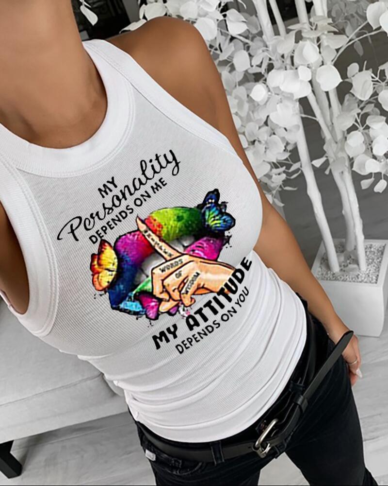 

Butterfly Slogan Lip Print Ribbed Tank Top, White