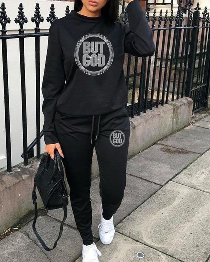 

Long Sleeve Rhinestone Letter Pattern Sweatshirt & Pants Set, Black