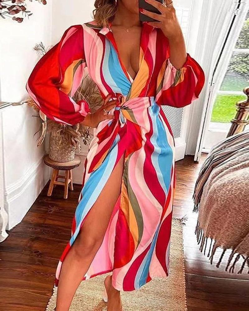 

Colorblock High Slit Lantern Sleeve Maxi Dress, Red