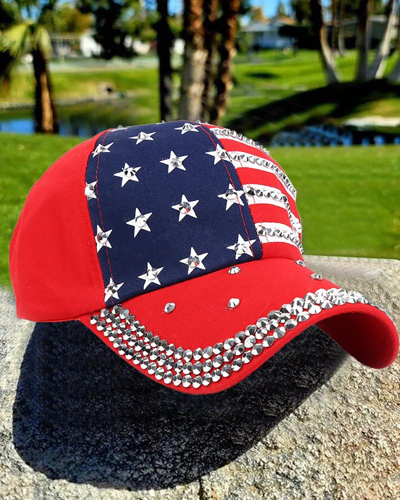 

Independence Day Rhinestone Flag Print Peaked Cap Outdoor Sun Hat, Red