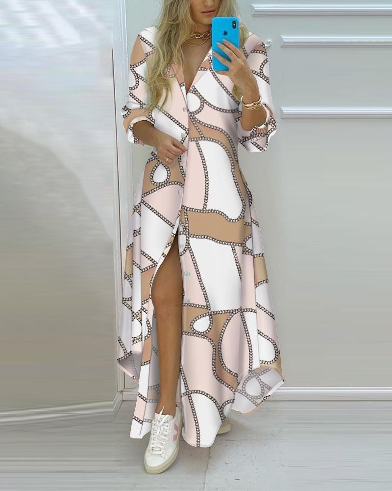 

Chain Print Button Front High Slit Shirt Dress, Multicolor
