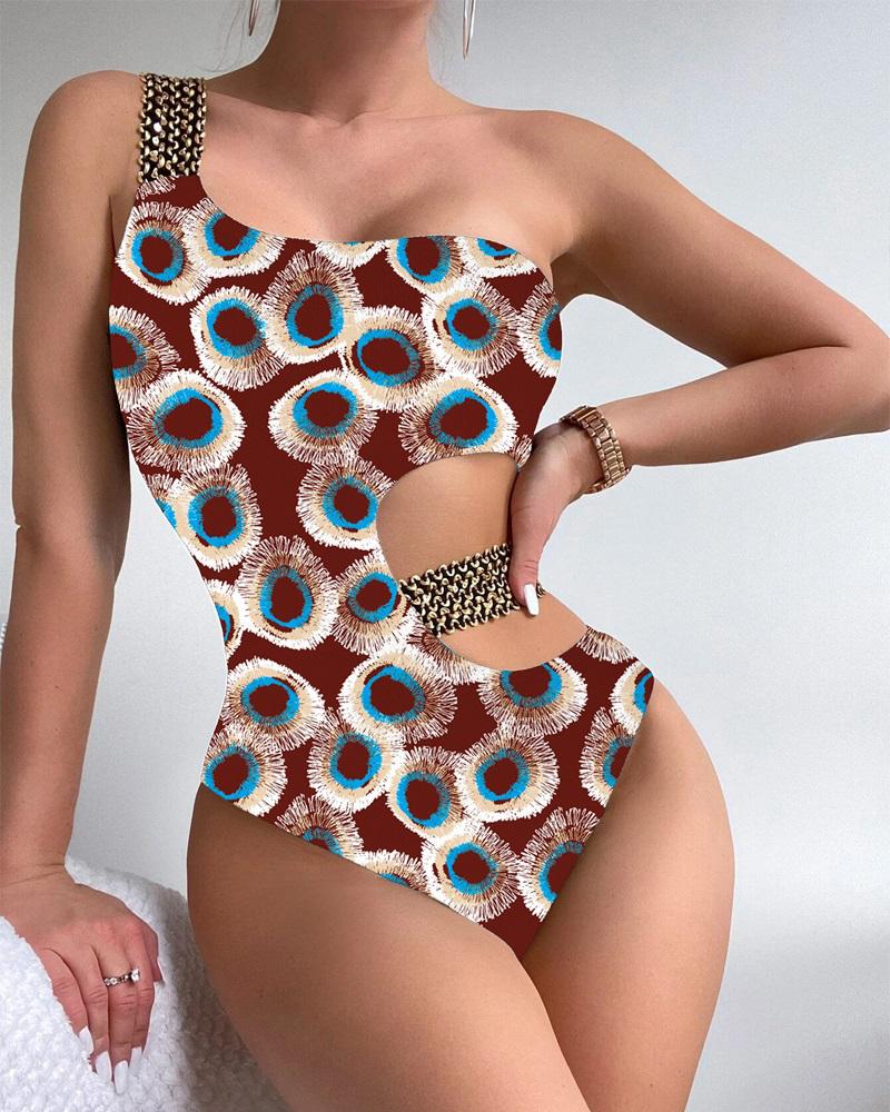 

Abstract Print Cutout One Piece Swimsuit, Coffee