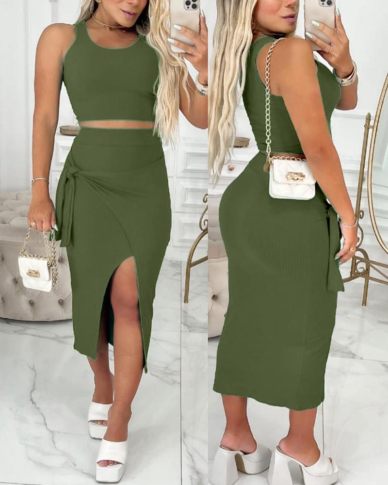 

Crop Tank Top & Slit Tied Detail Skirt Set, Army green