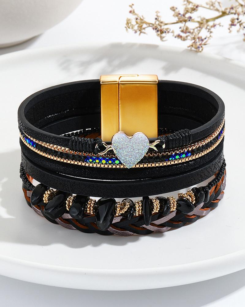 

1pc Heart Pattern Asymmetrical Stone Beaded Multi Layered Braided Magnetic Bracelet, Black