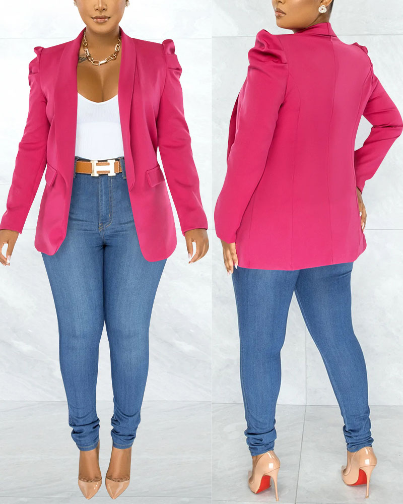 

Puff Sleeve Shawl Collar Blazer, Hot pink