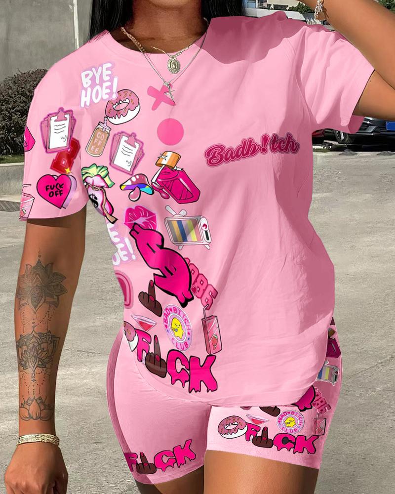 

Graphic Letter Pattern Short Sleeve Top & Shorts Set, Pink