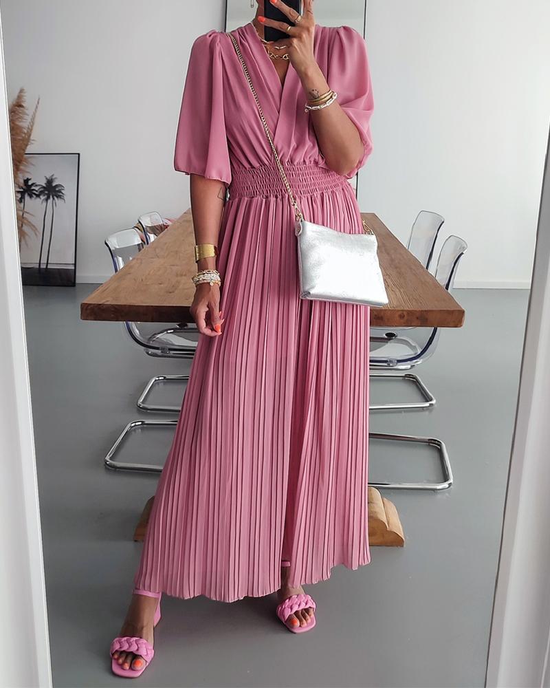 

V-Neck Pleated Wide Leg Jumpsuit, Pink