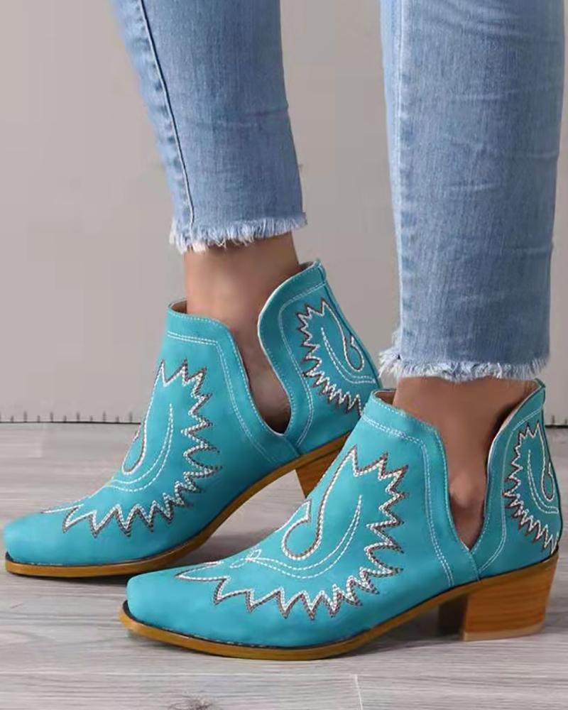 

Vintage Embroidery Chunky Ankle Boots, Blue