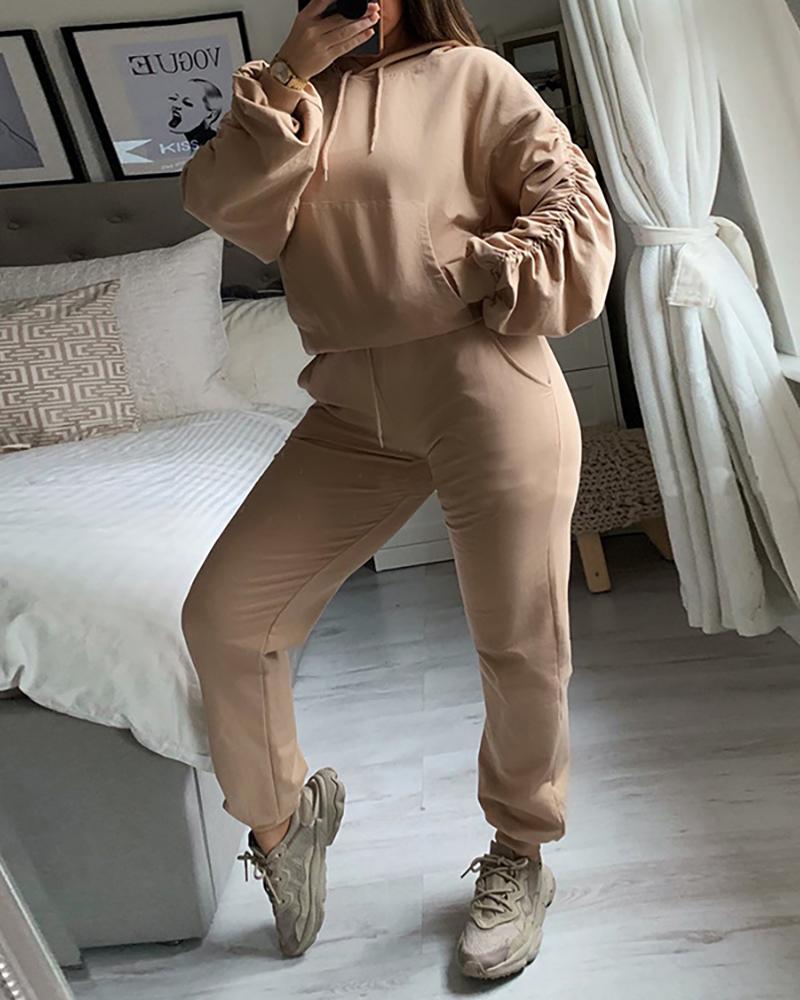 

Sporty Plain Pocket Design Hooded Top & Pants Set, Khaki