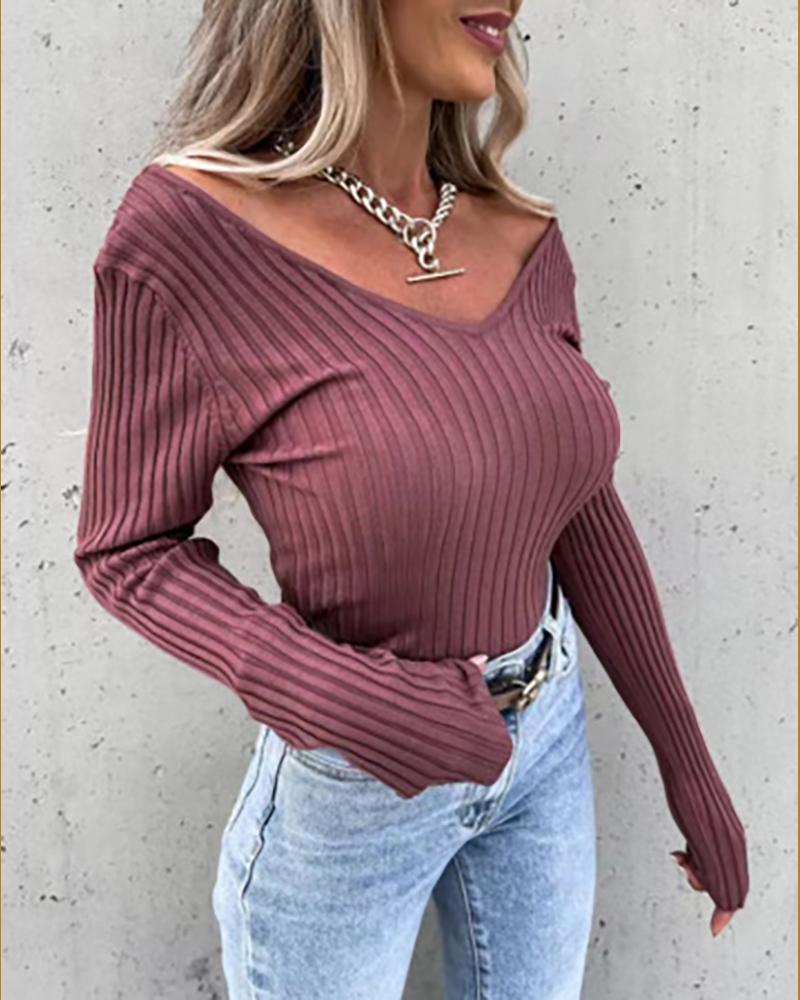 

V Neck Backless Skinny Ribbed Top, Purple