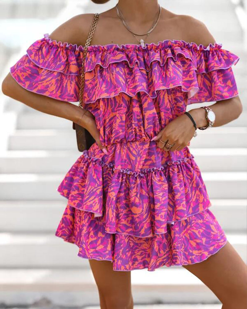

Allover Print Off Shoulder Ruffle Hem Casual Dress, Purple