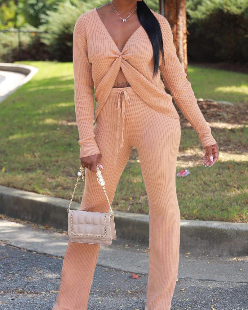 

Ribbed Twist Front Long Sleeve Top & Drawstring Pants Set, Apricot