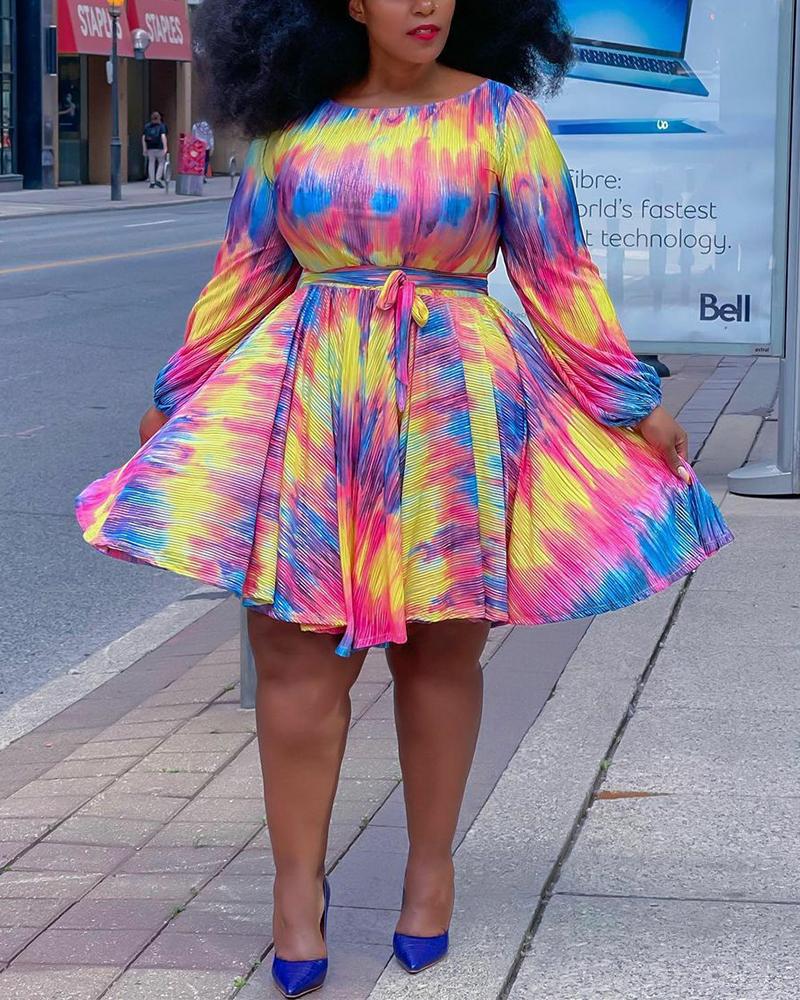 

Tie Dye Lantern Sleeve Belted Casual Dress, Red