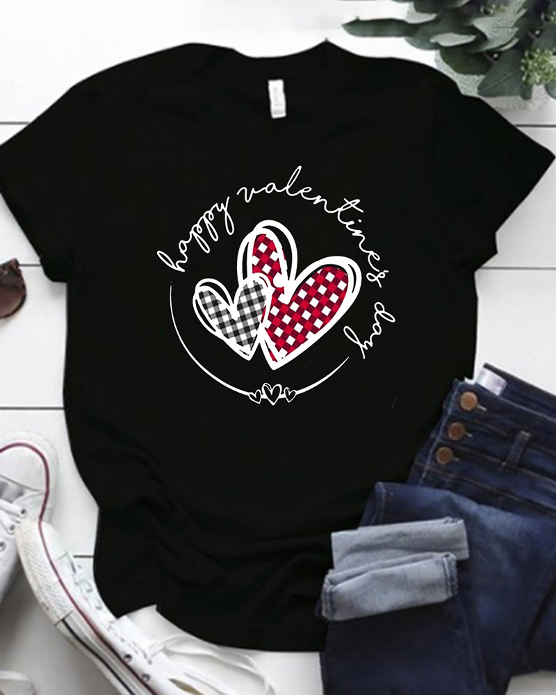 

Valentine's Day Heart Plaid Print Short Sleeve Top, Black