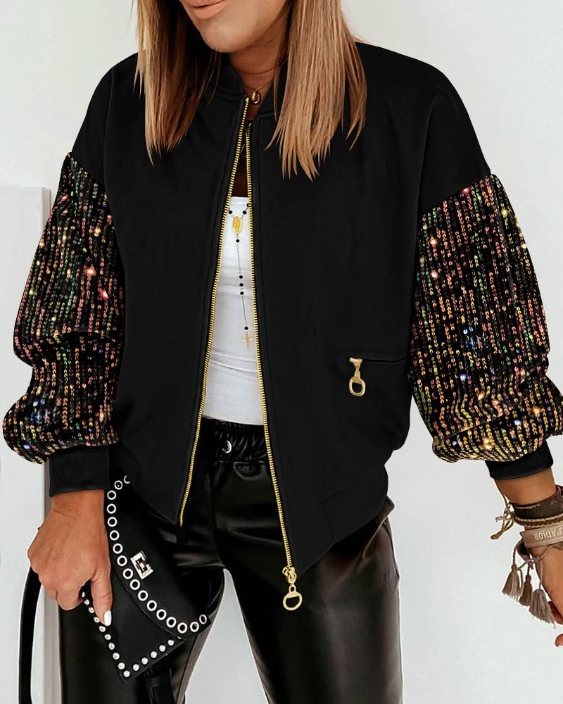 

Veste à paillettes contrastées, manteau décontracté à manches longues avec fermeture éclair et poches, Black