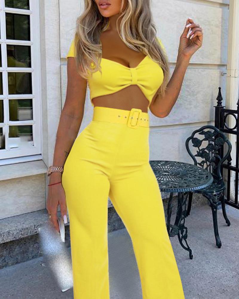 

Bandeau Short Sleeve Crop Top & Skinny Pants Set, Yellow