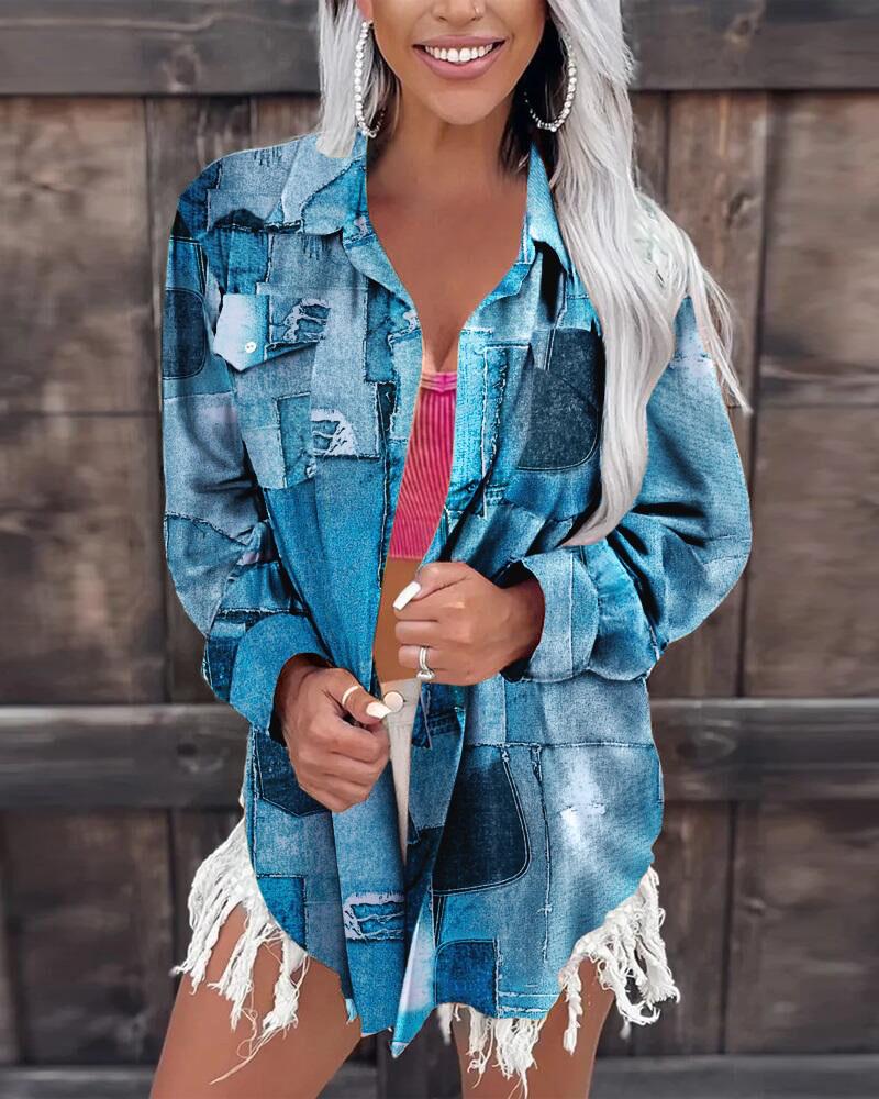 

Denim Print Button Down Shirt, Blue