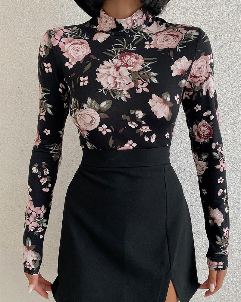 

Floral Print High Neck Top & Slit Plain Skirt Set, Black