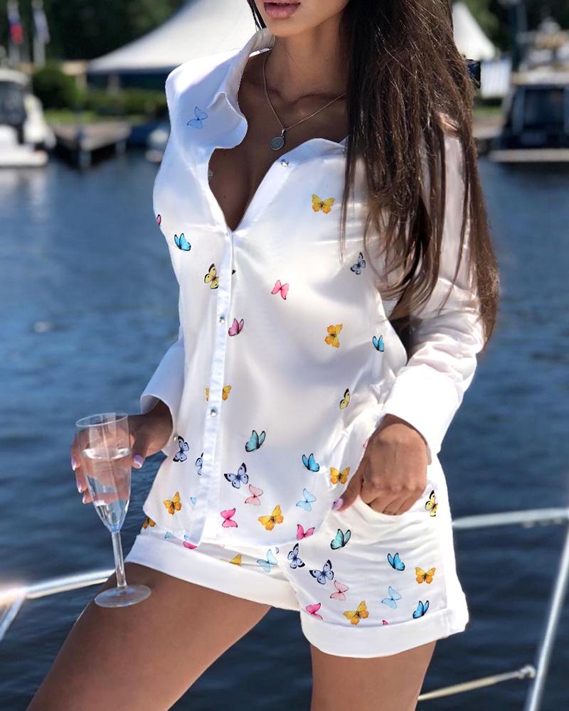 

Two Piece Sets Long Sleeve Butterfly Print Buttoned Top & Pocket Design Shorts Set Casual Shorts Set, White