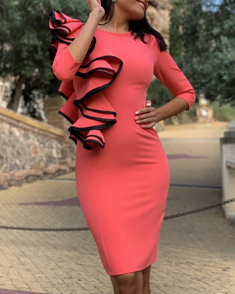 

O Neck Contrast Paneled Ruffles Bodycon Dress, Pink