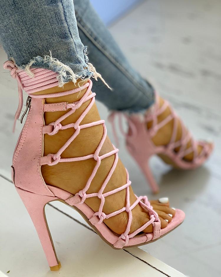 

Hollow Out Lace Up Thin Heels Sandals, Pink