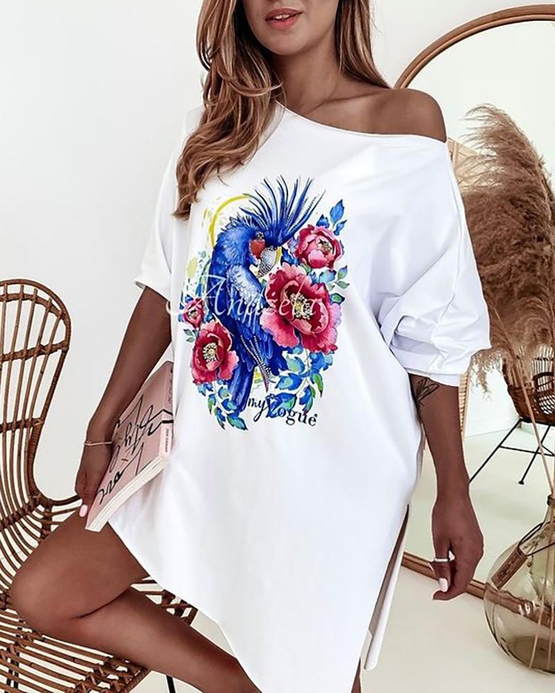 

Floral Letter Print Half Sleeve Slit T-Shirt, White