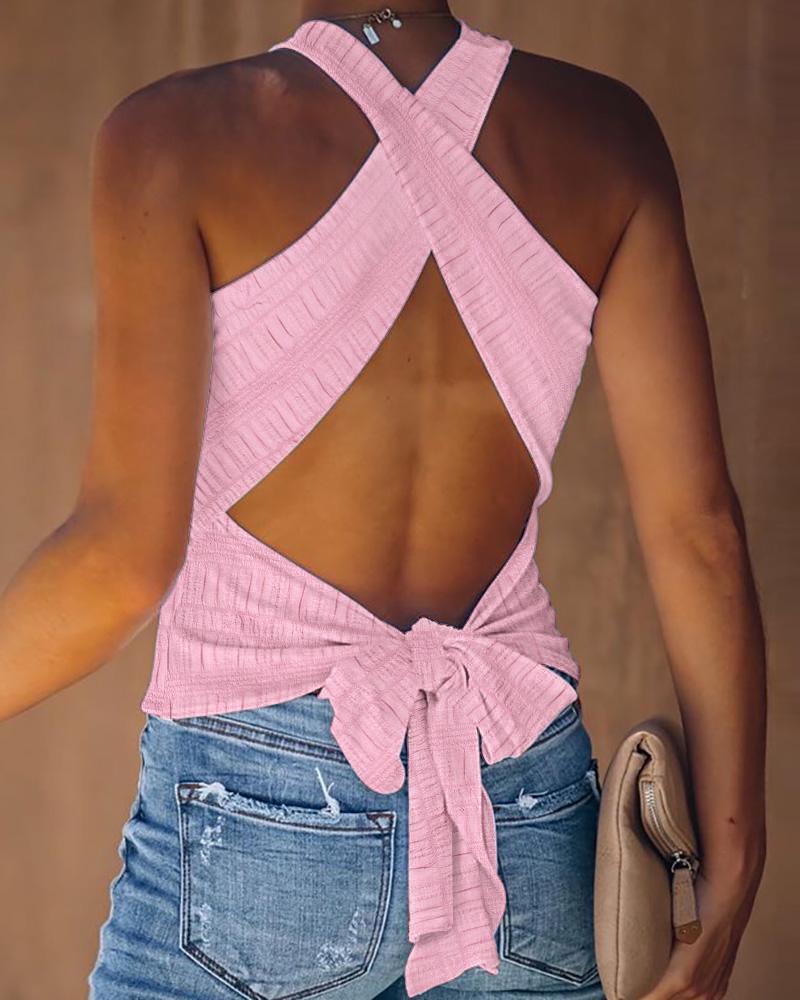 

Crisscross Backless Tied Detail Textured Tank Top, Pink