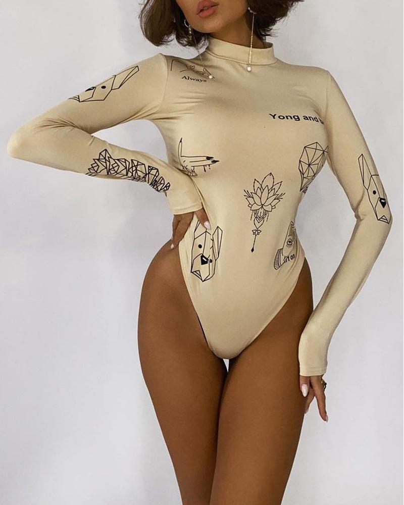 

Mock Neck Cartoon Graphic Letter Print Skinny Bodysuit, Apricot