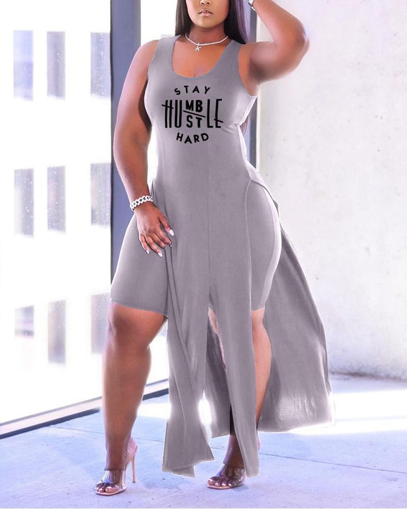 

Letter Print Split Hem Longline Tank Top & Shorts Set, Gray