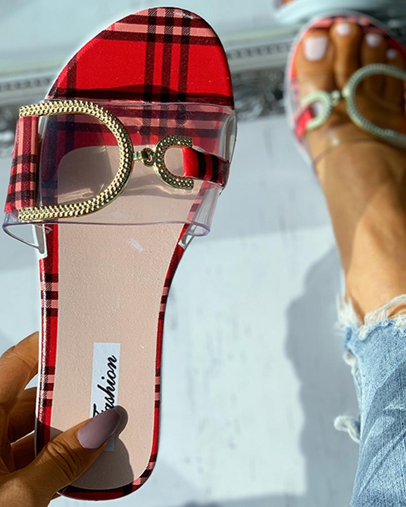 

Chain Decor Plaid Clear Perspex Flat Sandals, Red