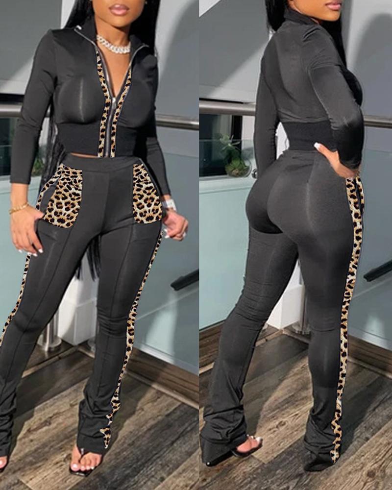 

Cheetah Print Zip Top & Pocket Design Pants Set, Black
