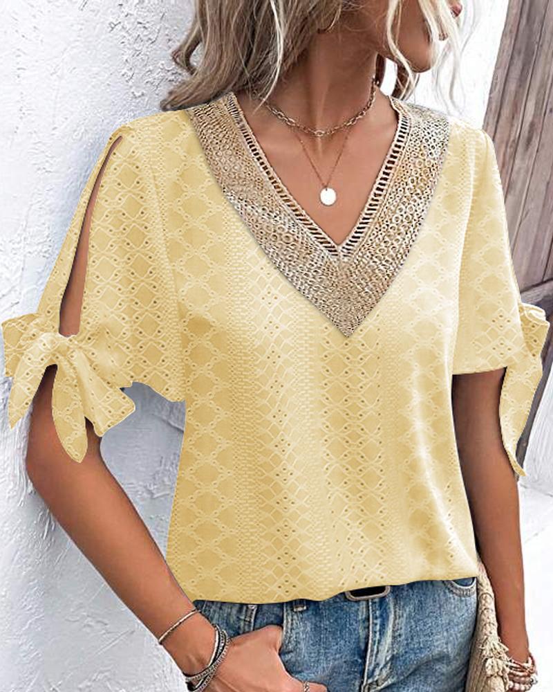 

Eyelet Embroidery Split Sleeve Top, Light yellow