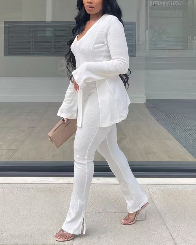 

Split Hem Long Sleeve Top & Pants Set, White