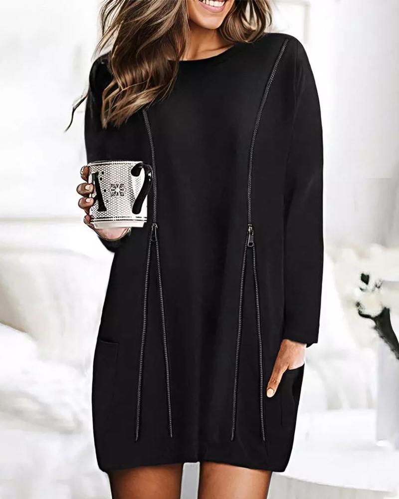 

Round Neck Zipper Design Casual Dress, Black