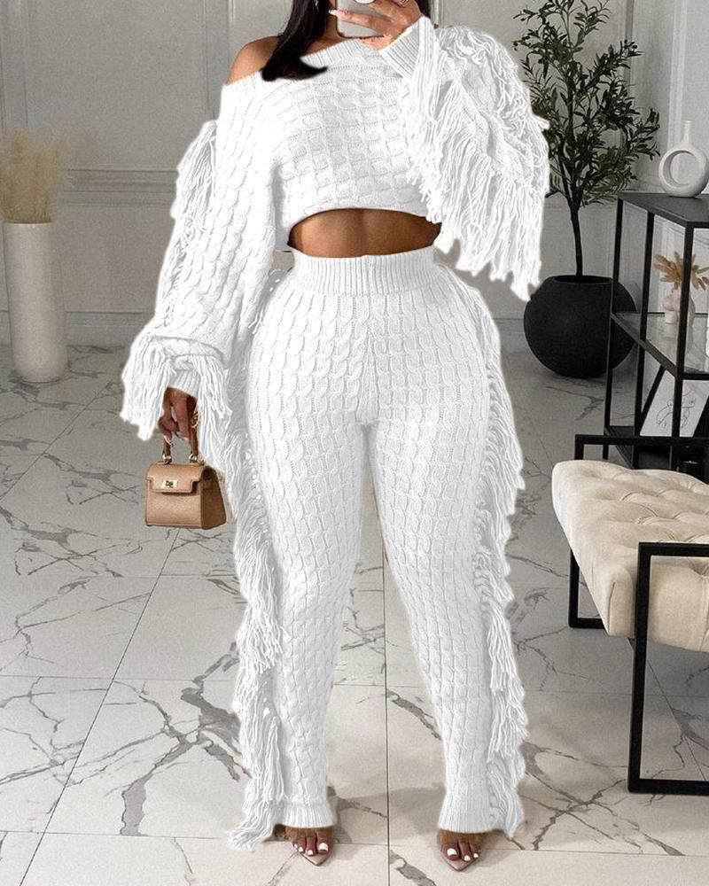 

Knit Tassel Design Sweater & High Waist Pants Set, White