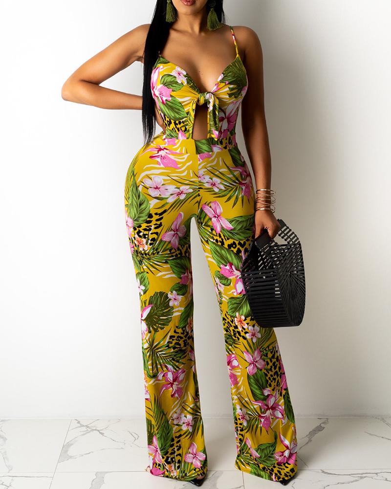 

Floral Leaf Leopard Print Tie Front Jumpsuit, Yellow